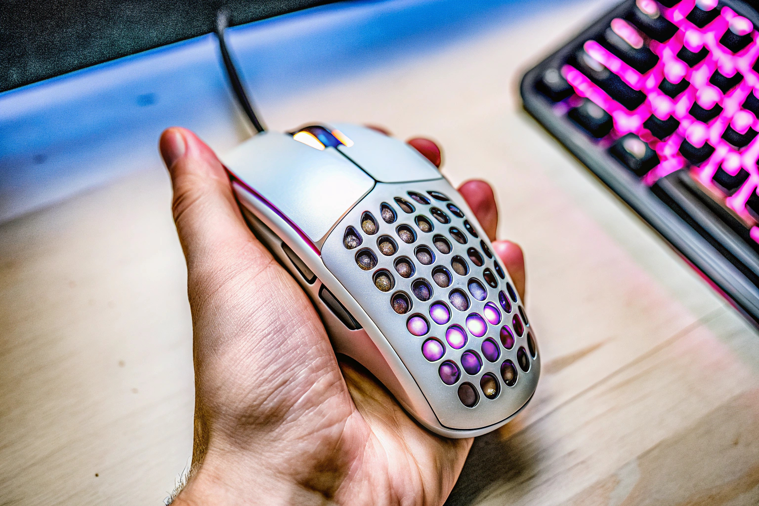 Eine Gamer-Hand, die eine MMO-Gaming-Maus mit mehreren Tasten hält. Gamer-Hand mit MMO-Gaming-Maus
