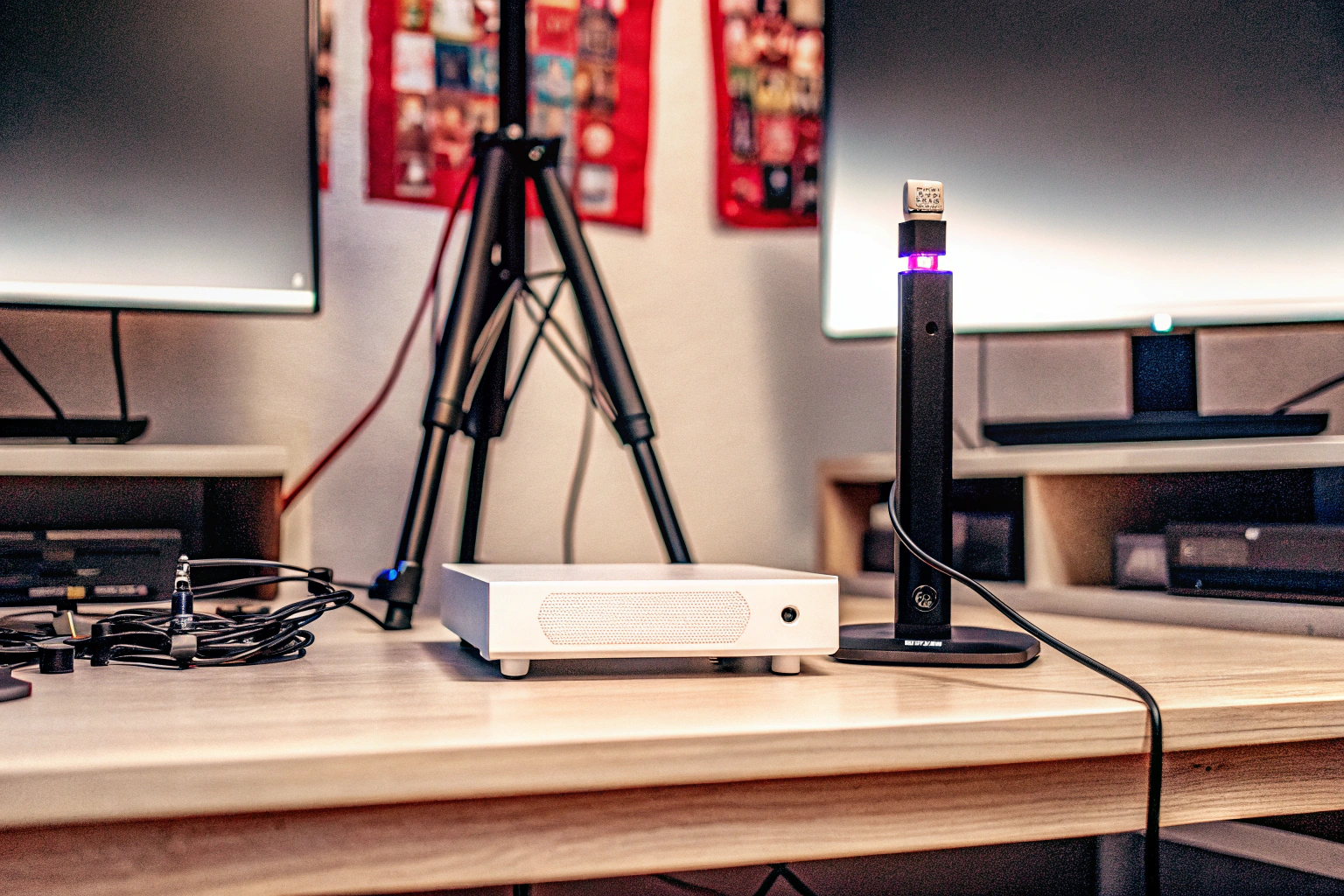 Eine Gaming-Konsole mit angeschlossenen Streaming-Geräten, die den Aufbau eines Streaming-Setups zeigt. Streaming-Setup mit Konsole