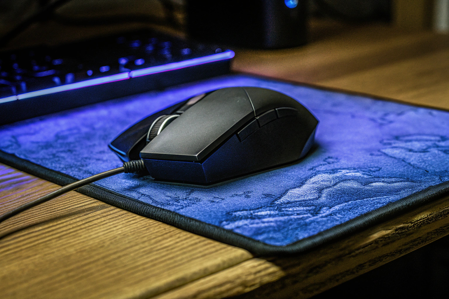 Eine Gaming-Maus mit magnetischem Lade-Dock, die auf einem Schreibtisch aufgeladen wird. Gaming-Maus mit magnetischem Lade-Dock
