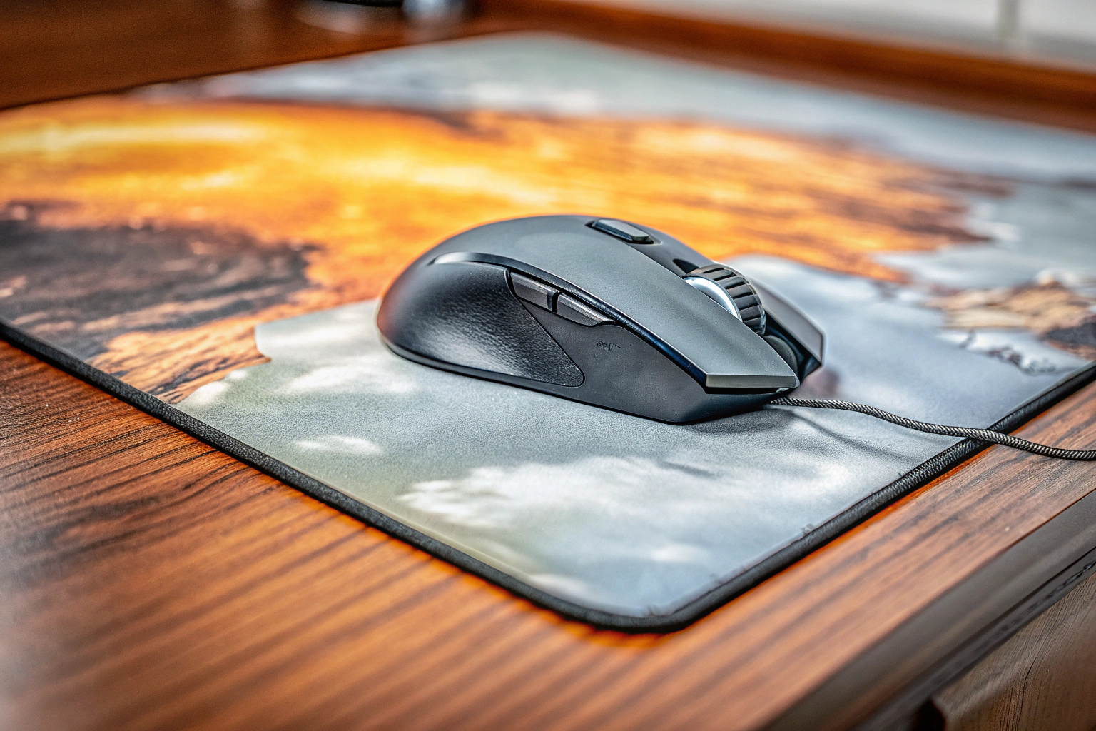Eine Gaming-Maus und ein großes Mauspad auf einem Schreibtisch. Gaming-Maus und Mauspad