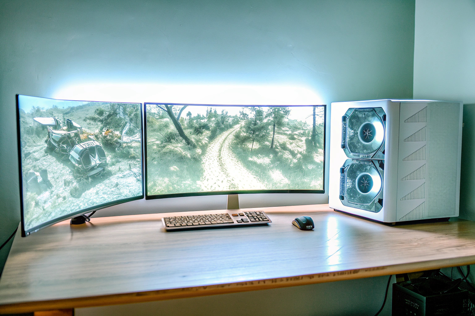 Eine Gaming-Setup mit mehreren Monitoren und einer ASUS Grafikkarte Gaming-Setup mit ASUS Grafikkarte