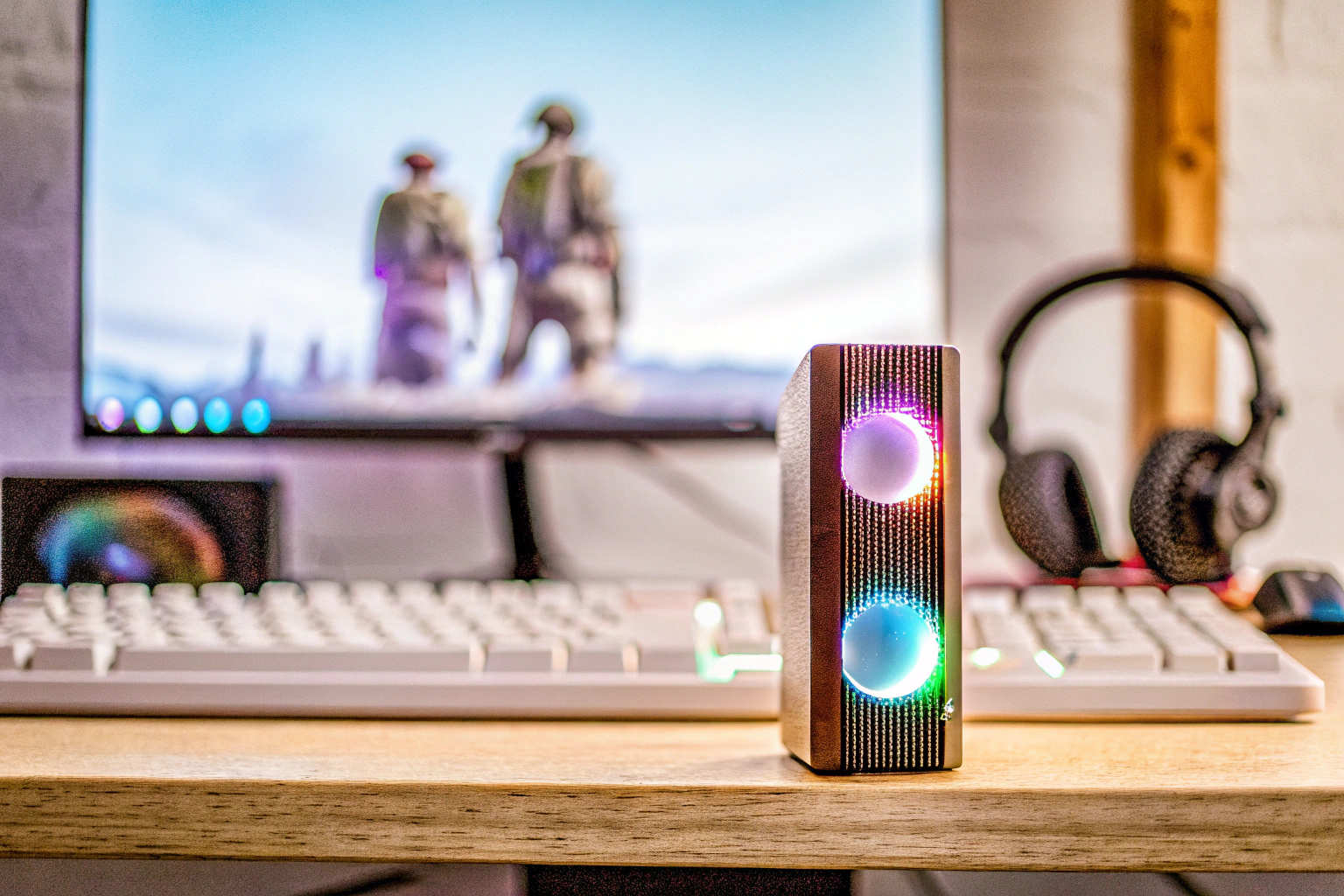 Eine Gaming-Soundkarte mit RGB-Beleuchtung in einem modernen Gaming-Setup. Gaming-Soundkarte mit RGB-Beleuchtung