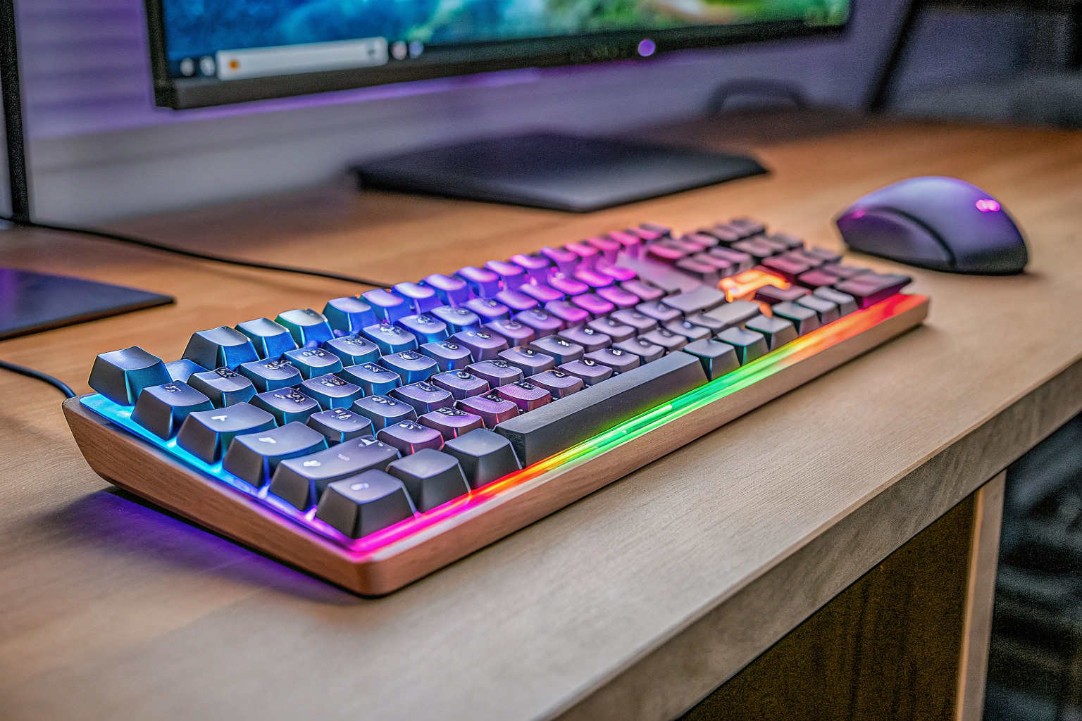 Eine Gaming-Station mit beleuchteter RGB-Tastatur und Maus. Gaming-Station mit RGB-Tastatur