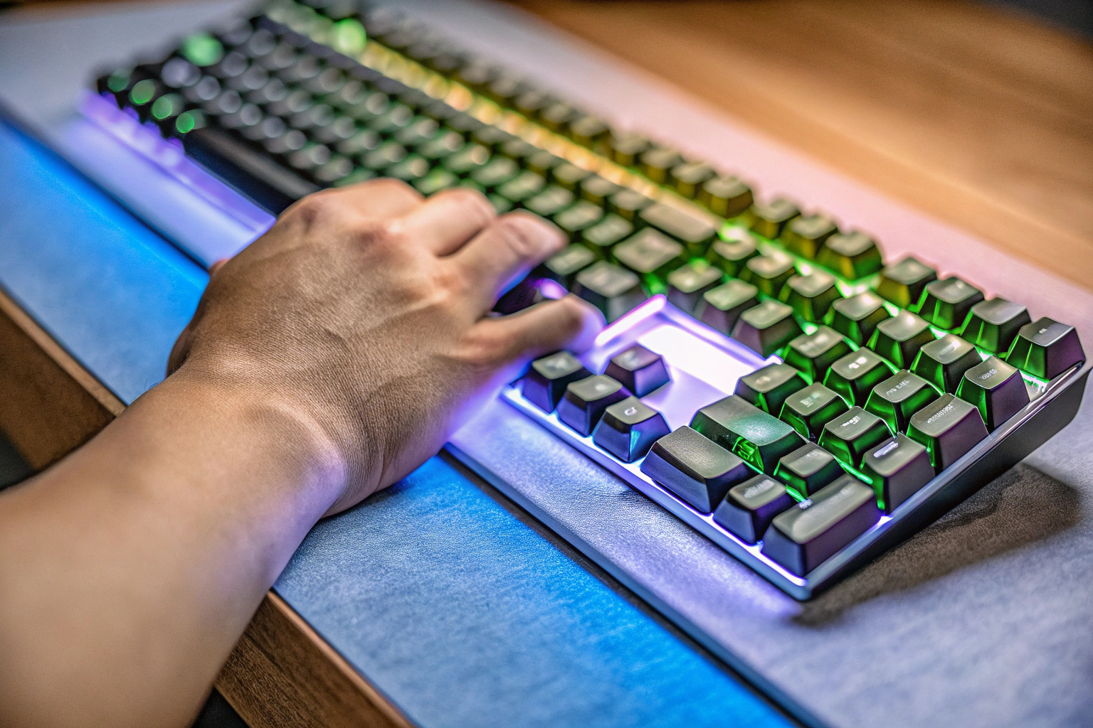 Eine Gaming-Tastatur mit Handballenauflage und RGB-Beleuchtung. Gaming-Tastatur mit Handballenauflage