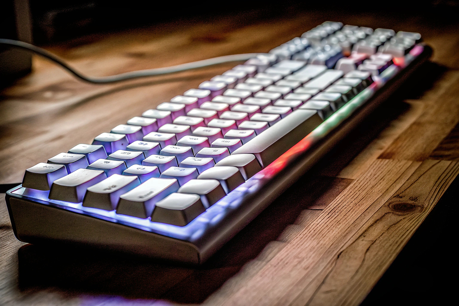 Eine Gaming-Tastatur mit RGB-Beleuchtung in einem dunklen Raum. Gaming-Tastatur mit RGB-Beleuchtung