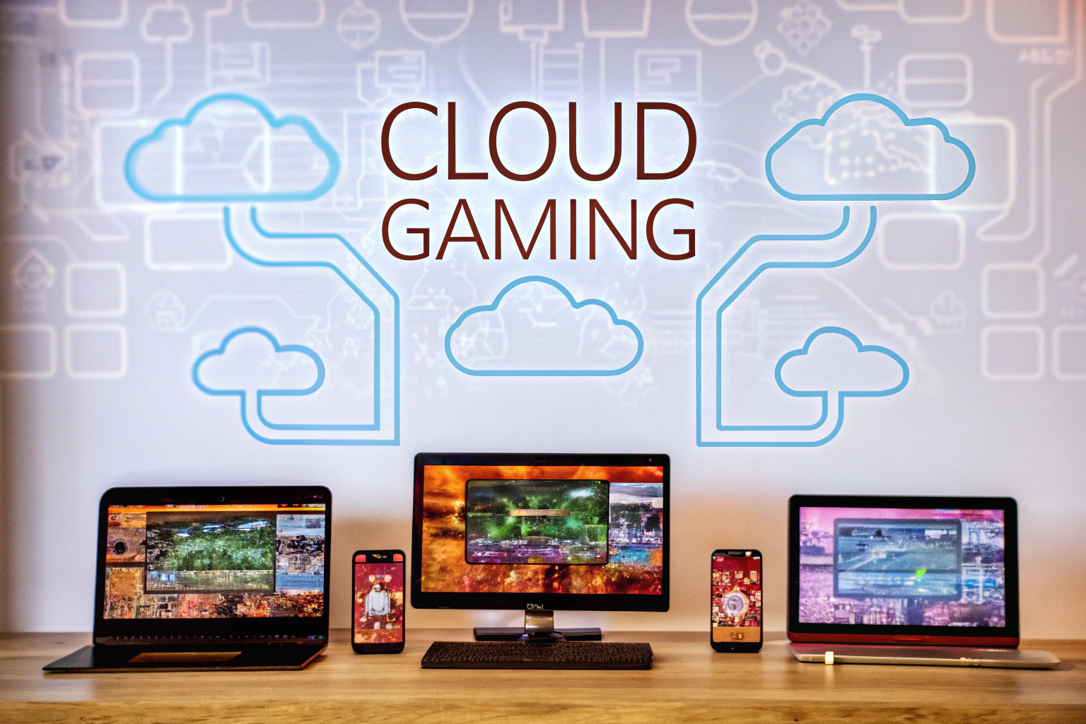 Eine Grafik, die die Funktionsweise von Cloud-Gaming erklärt, einschließlich des Datenflusses von Servern zum Endgerät. Cloud-Gaming-Architektur