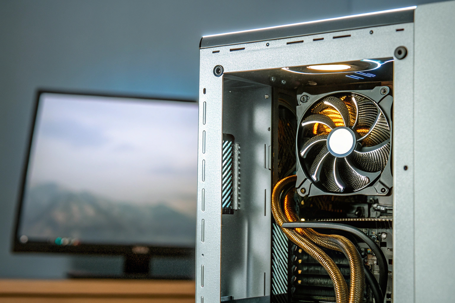 Eine Grafikkarte, die durch Overclocking optimiert wurde, in einem Gaming-PC. Übertaktete Grafikkarte in einem Gaming-PC