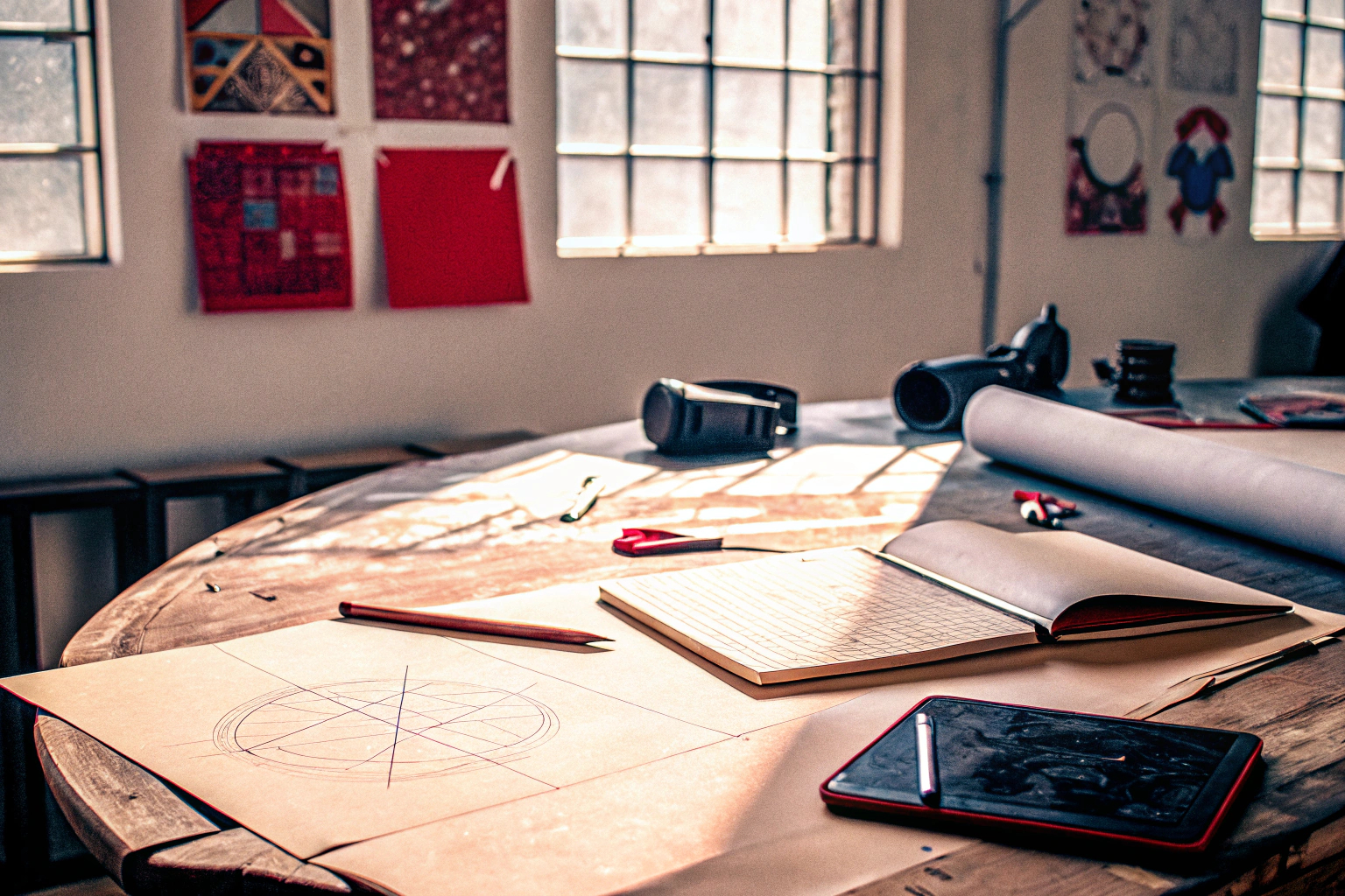 Eine Gruppe von Entwicklern, die an einem Tisch arbeiten, mit verschiedenen physischen Tools und Notebooks. Entwickler bei der Arbeit mit physischen Tools