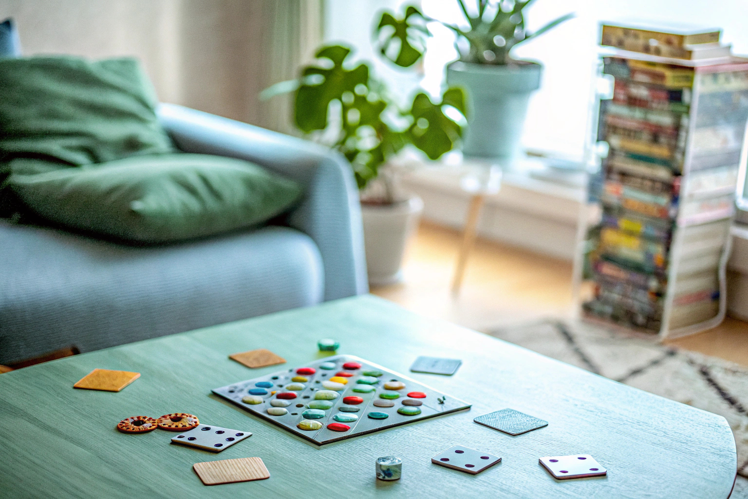Eine Gruppe von Freunden, die an einem Tisch ein Brettspiel spielen. Der Raum ist gemütlich und alle lachen und haben Spaß. Freunde beim Spieleabend