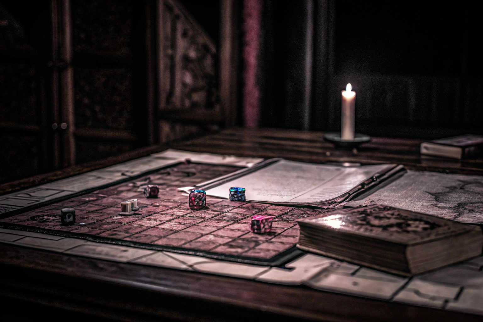 Eine Gruppe von Freunden, die an einem Tisch sitzen und ein Pen-and-Paper-Rollenspiel spielen. Freunde spielen ein Pen-and-Paper-Rollenspiel
