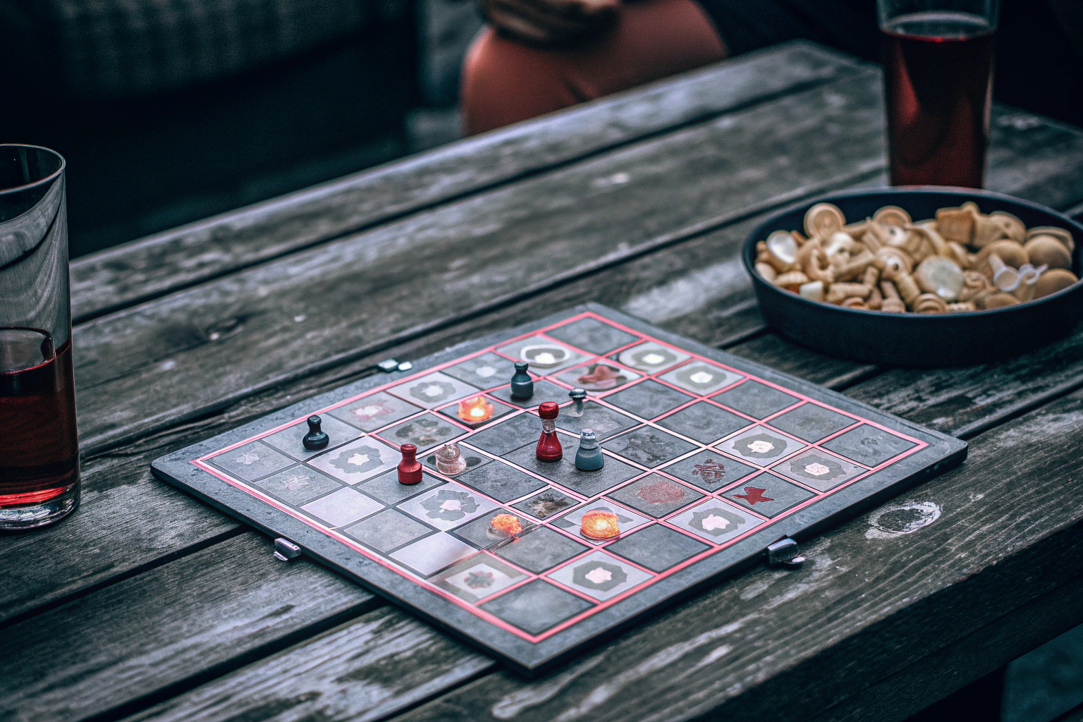 Eine Gruppe von Freunden, die ein Brettspiel basierend auf einem bekannten Film spielen. Freunde spielen ein filminspiriertes Brettspiel