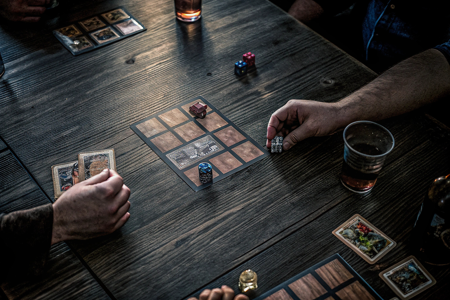 Eine Gruppe von Freunden, die ein Brettspiel mit Würfeln und Karten spielen. Gesellschaftsspielabend mit Freunden