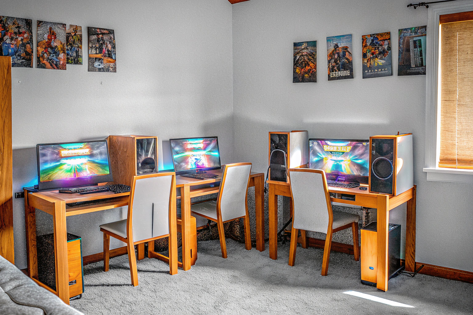 Eine Gruppe von Freunden, die gemeinsam an Computern sitzen und in einem kooperativen Mehrspielermodus spielen. Freunde spielen zusammen im Mehrspielermodus