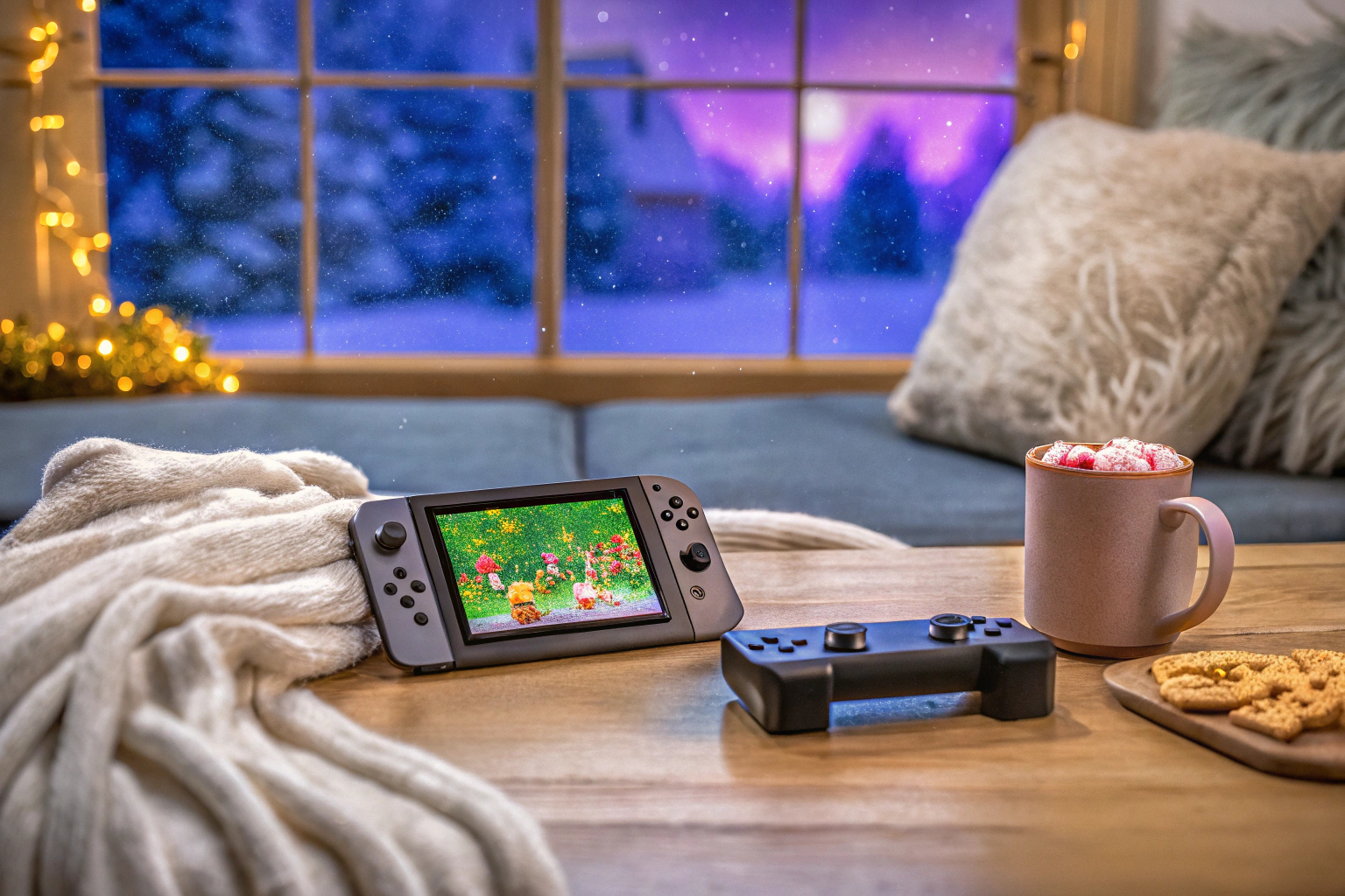 Eine Gruppe von Freunden, die gemeinsam ein Videospiel auf einer Nintendo Switch spielt. Nintendo Switch Spiel