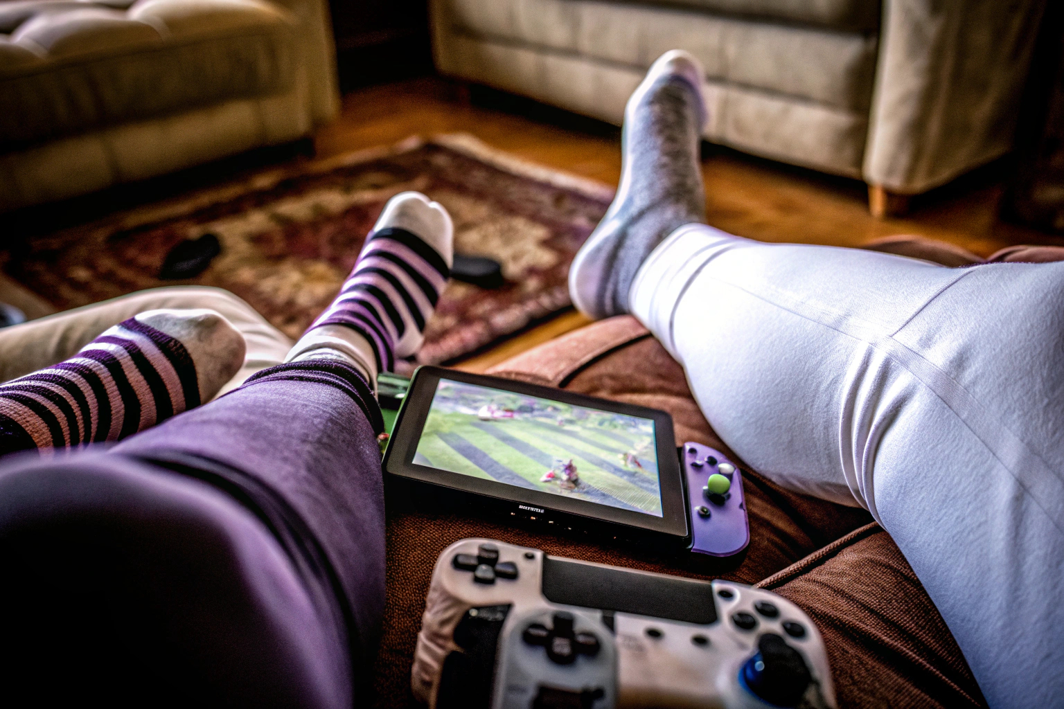 Eine Gruppe von Freunden, die mit der Nintendo Switch Sports spielen und den Beingurt benutzen, um Fußball zu spielen. Nintendo Switch Sports mit Freunden