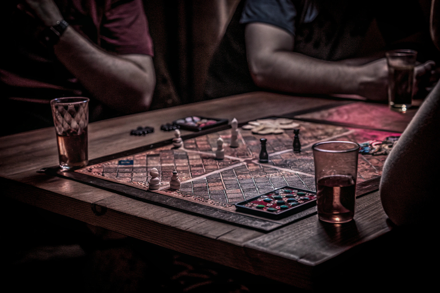 Eine Gruppe von Freunden, die sich bei einem spannenden Strategiespiel duellieren und ihre Taktiken diskutieren. Spannendes Strategiespiel mit Freunden