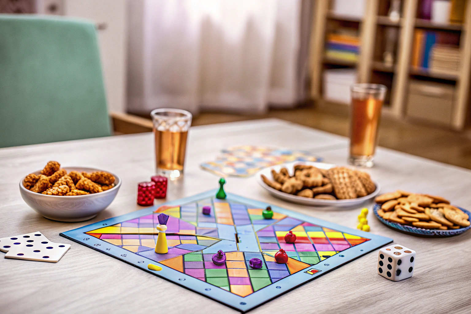 Eine Gruppe von Freunden, die zusammen an einem Tisch ein Brettspiel spielt. Freunde spielen ein Brettspiel