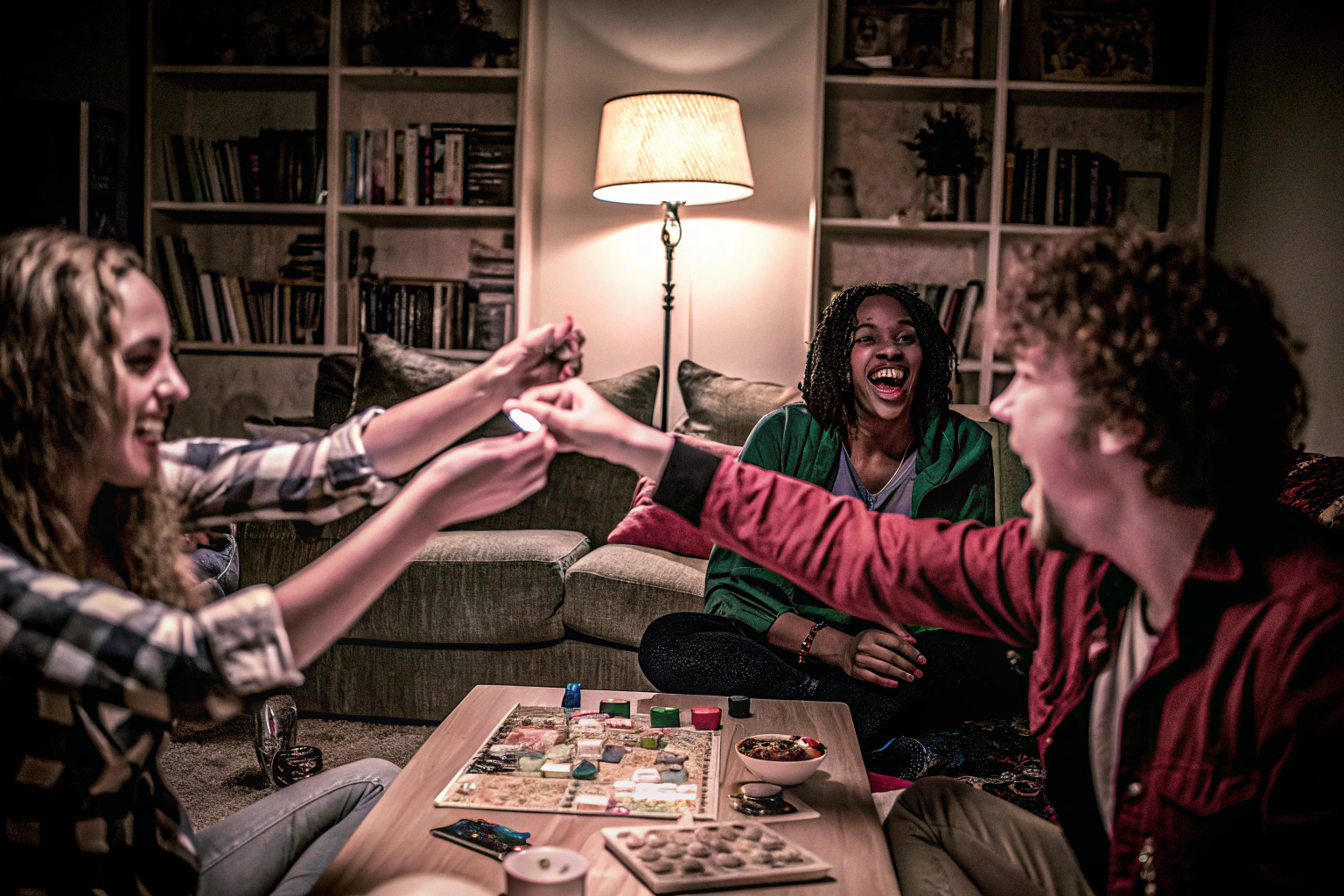 Eine Gruppe von Freunden spielt ein Brettspiel und hat viel Spaß. Freunde spielen Brettspiel