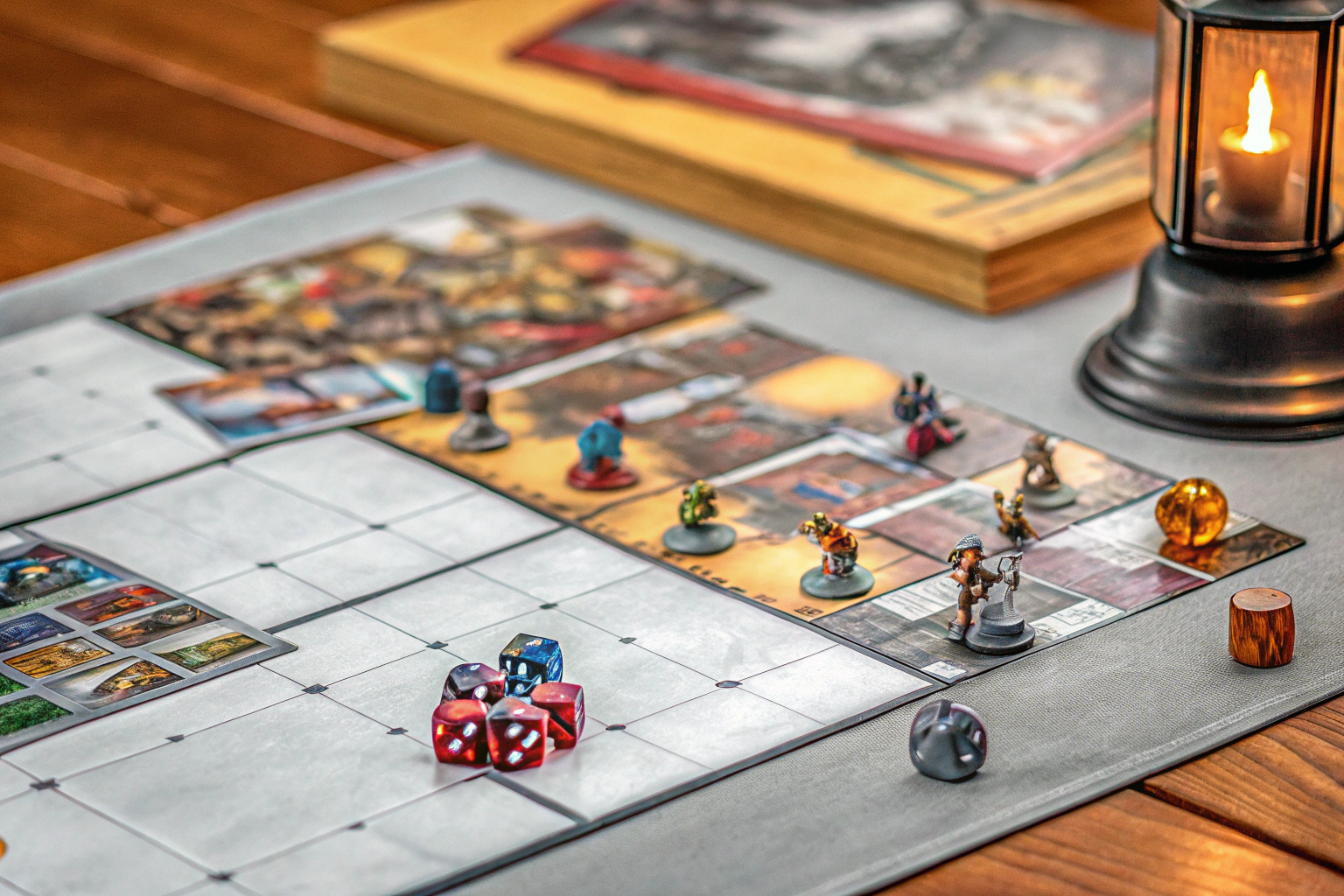 Eine Gruppe von Freunden spielt ein kooperatives Fantasy-Brettspiel an einem Tisch. Freunde spielen ein kooperatives Brettspiel