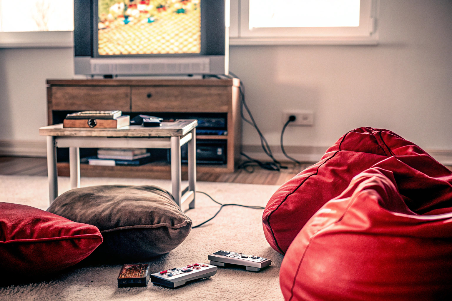 Eine Gruppe von Freunden spielt gemeinsam an einer Retro-Konsole, die an einen großen Bildschirm angeschlossen ist. Freunde spielen an Retro-Konsole