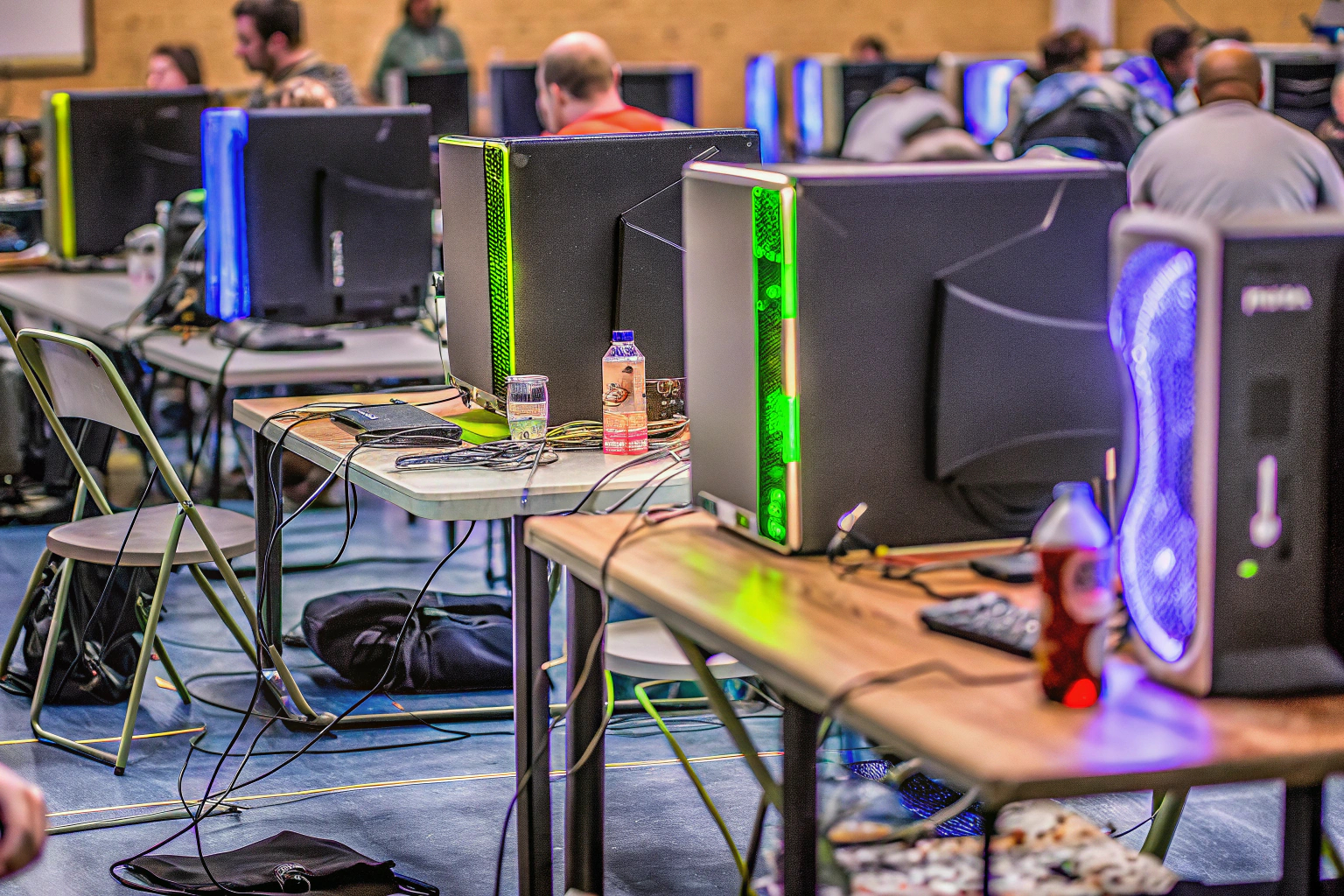 Eine Gruppe von Gamern, die an einer LAN-Party teilnehmen und an ihren Computern spielen. Gamer bei einer LAN-Party