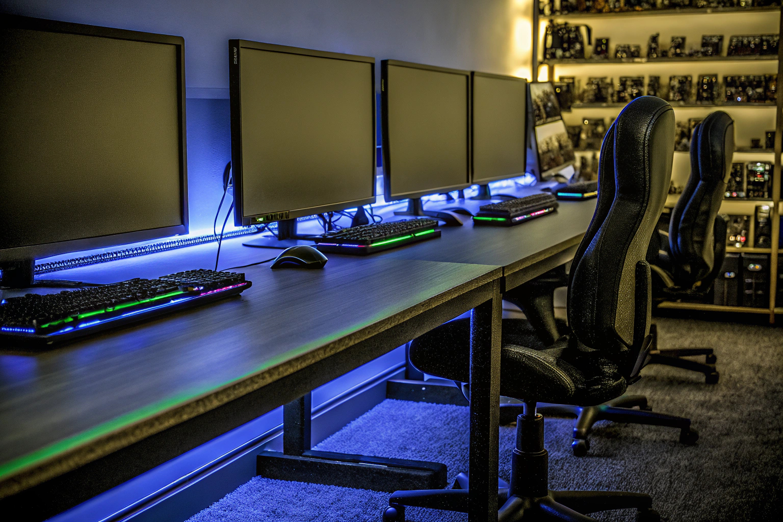 Eine Gruppe von Gamern, die gemeinsam an Computern spielen. Gemeinsame Gaming-Erfahrung