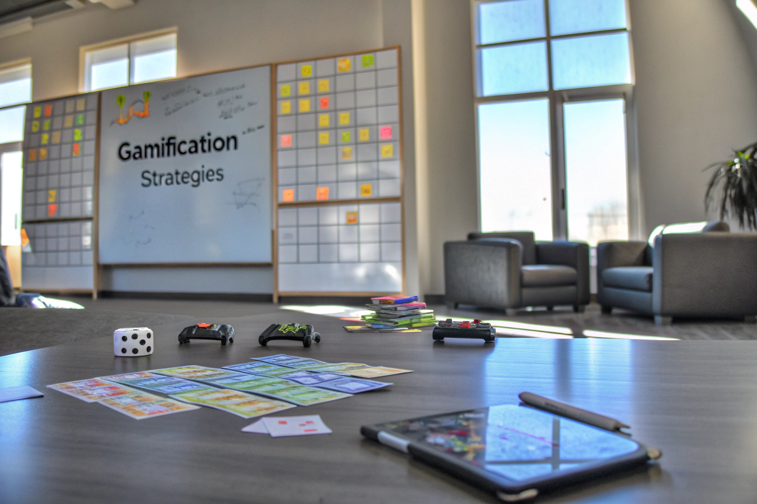 Eine Gruppe von Geschäftsleuten, die an einem Workshop teilnehmen, bei dem Gamification-Methoden zur Ideenfindung eingesetzt werden. Gamification im Business-Workshop