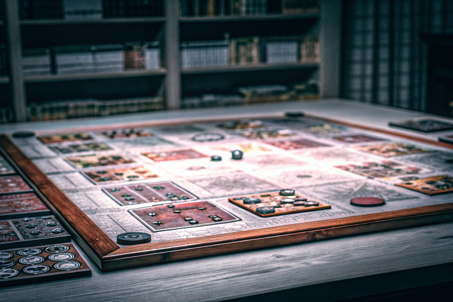 Eine Gruppe von Hardcore-Gamern, die konzentriert über einem Tisch mit Brettspielen sitzt. Hardcore-Gamer beim Brettspiel