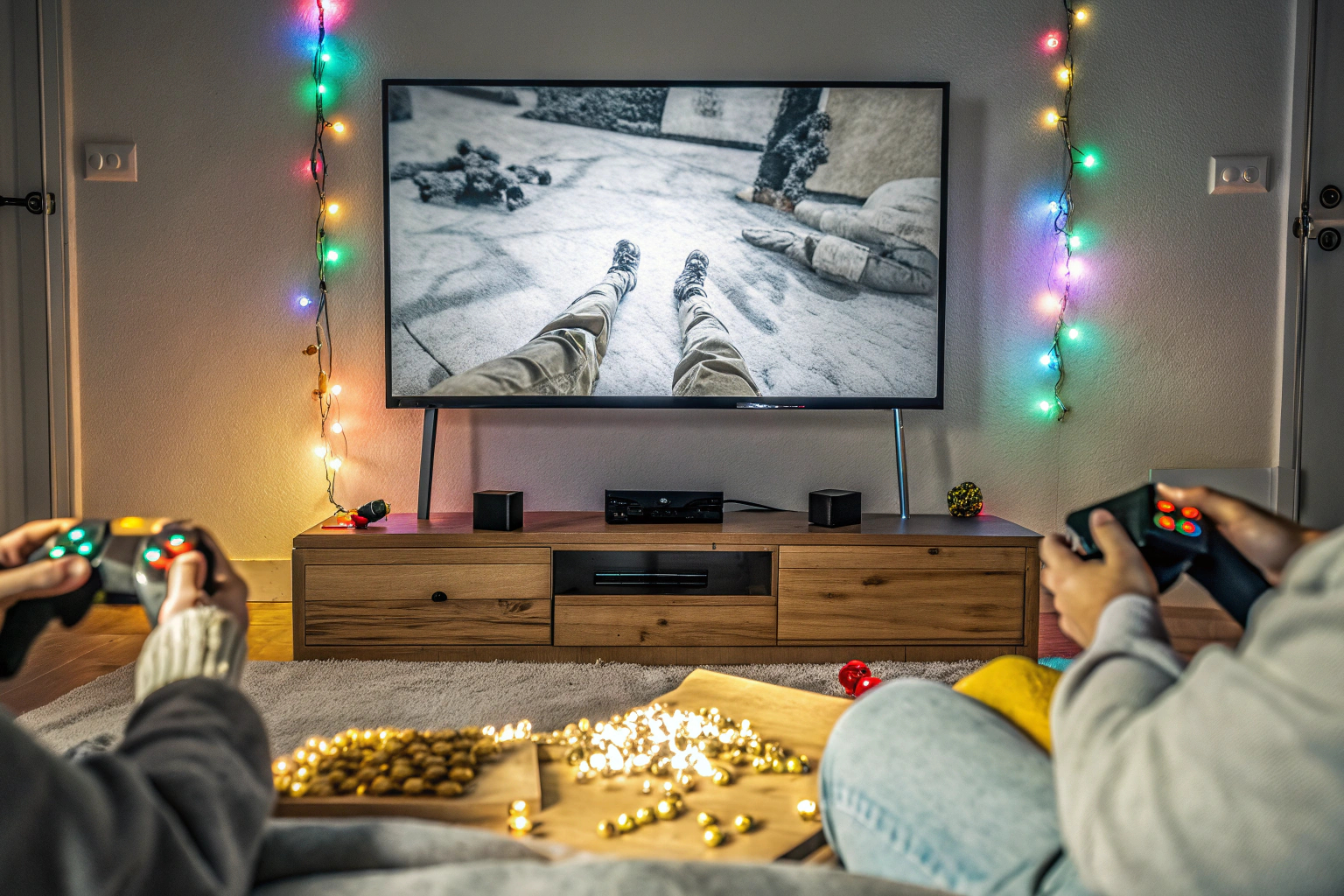 Eine Gruppe von jungen Spielern, die gemeinsam um einen Bildschirm sitzen und ein Teamspiel spielen. Teamspiele im Multiplayer