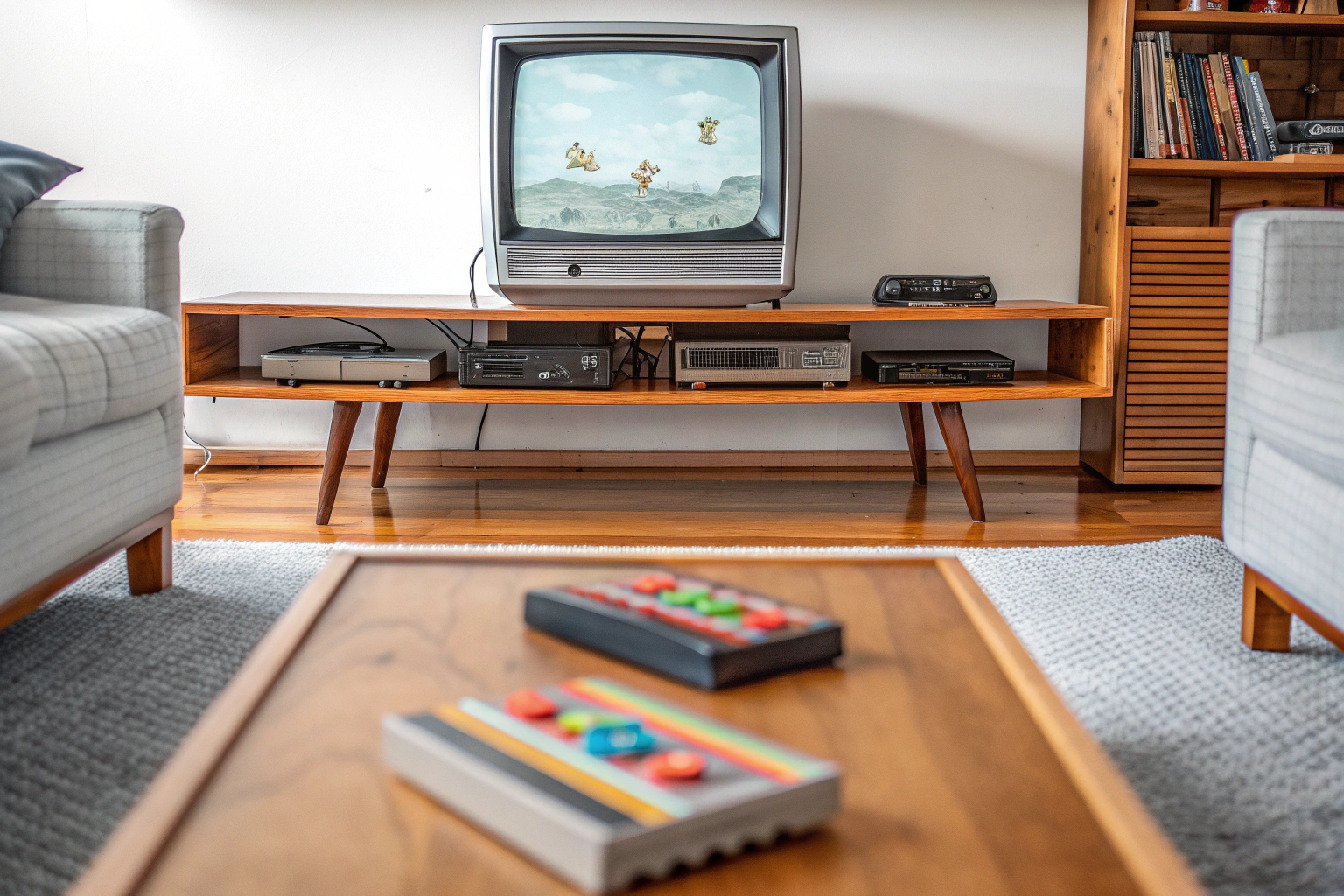 Eine Gruppe von Kindern, die an einer Retro-Spielkonsole spielen und Spaß haben. Kinder spielen Retro-Spiele