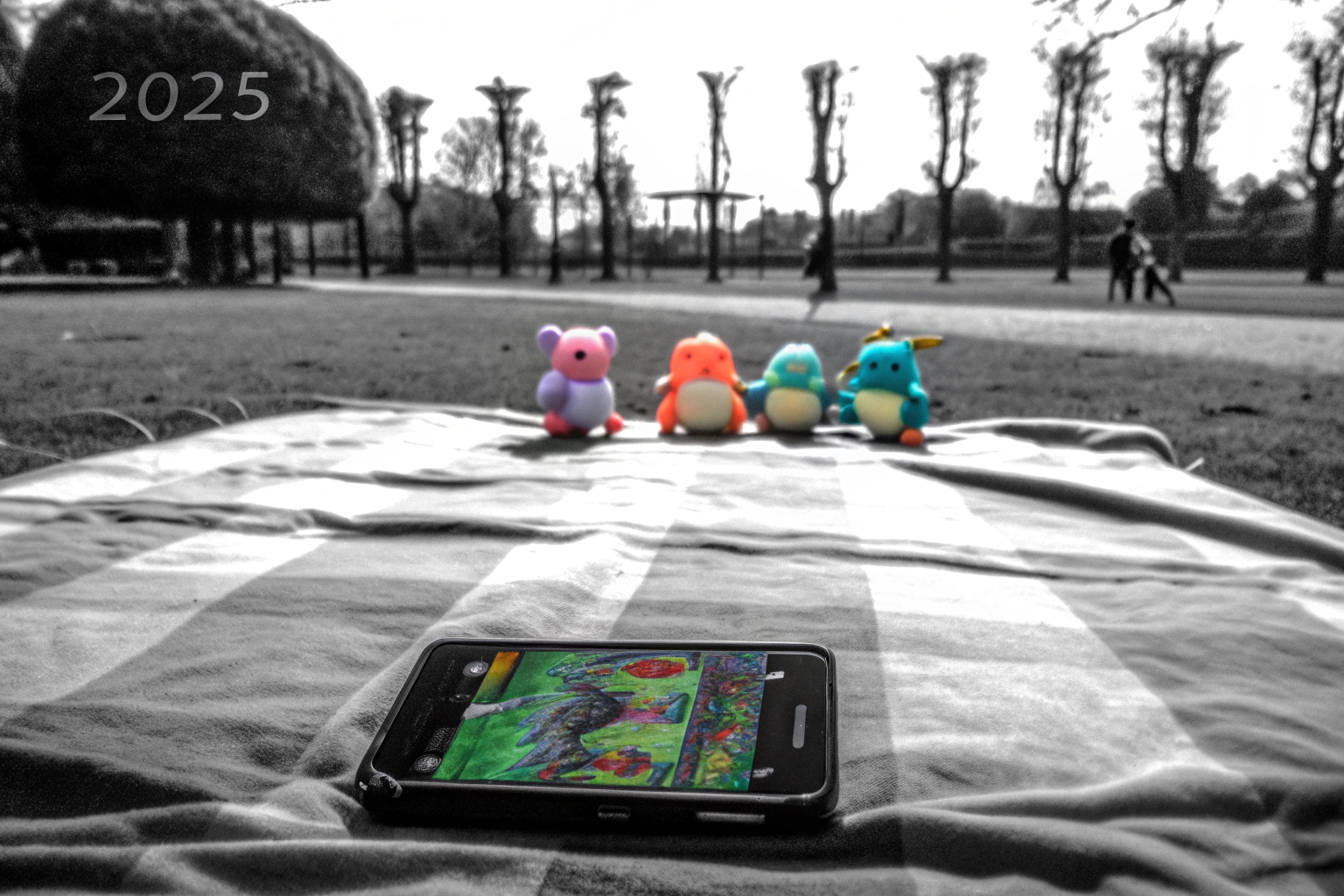 Eine Gruppe von Menschen, die ein AR-Spiel im Freien genießen. Menschen spielen AR-Spiel im Freien