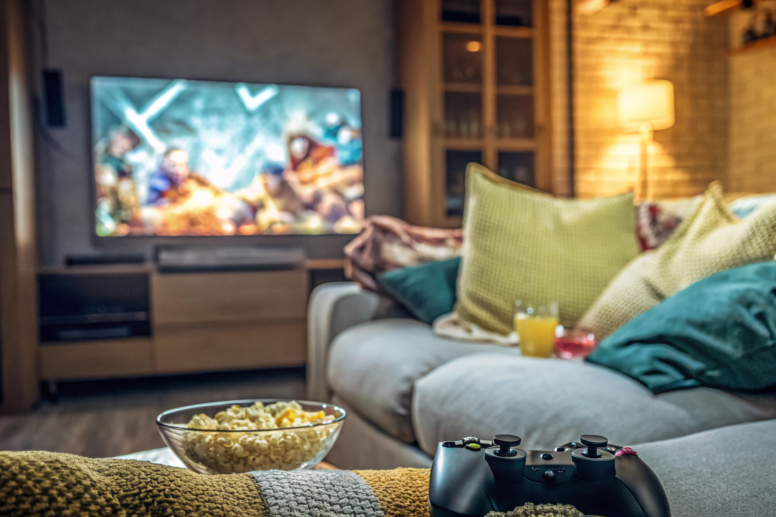 Eine Gruppe von Menschen, die gemeinsam auf einem Sofa sitzt und eine Sportveranstaltung auf einer Streaming-Plattform ansieht. Gemeinsames Streaming eines Sportevents