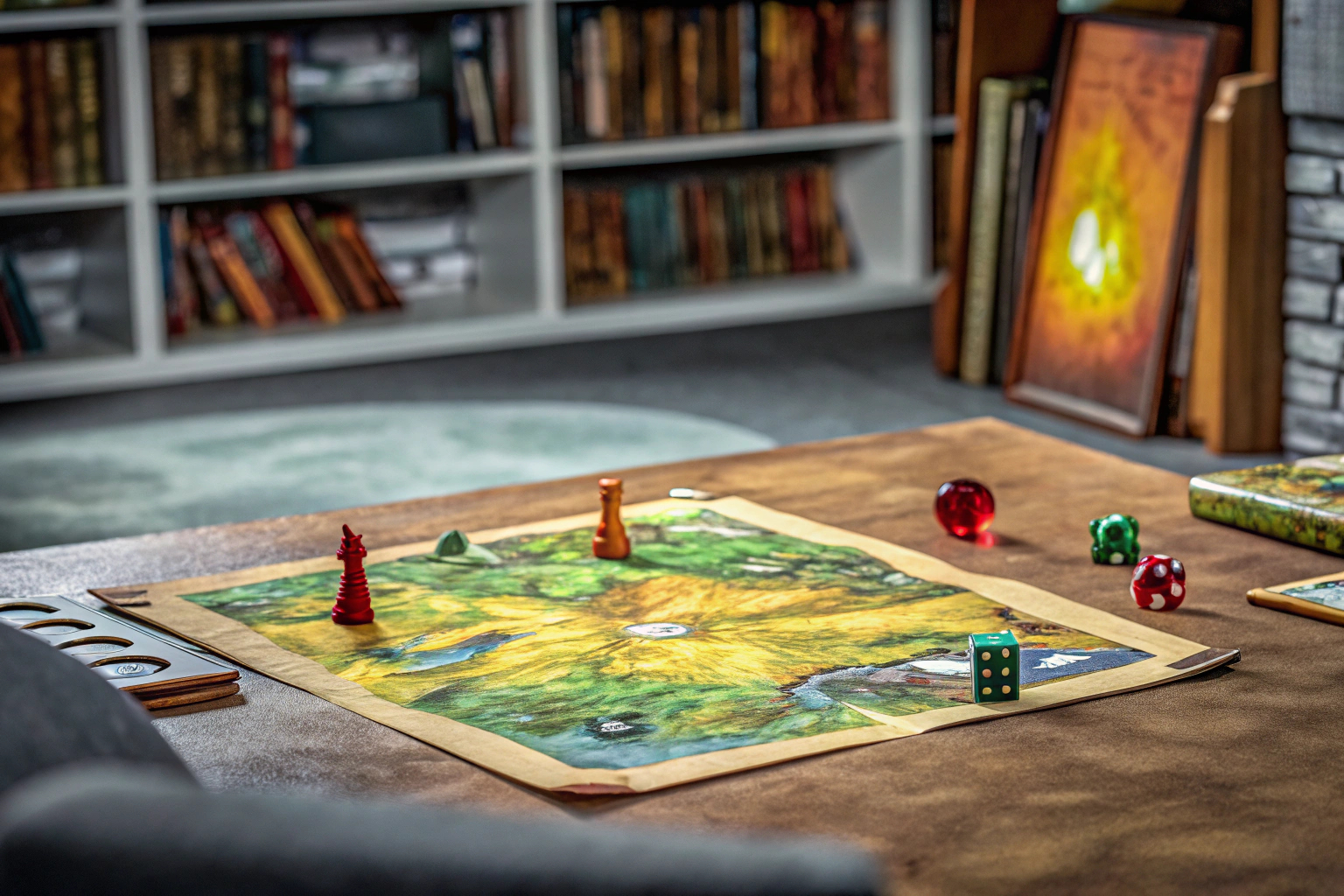 Eine Gruppe von Menschen, die gemeinsam ein Brettspiel spielen, umgeben von Fantasy-Dekorationen. Gruppe spielt Brettspiel mit Fantasy-Thema
