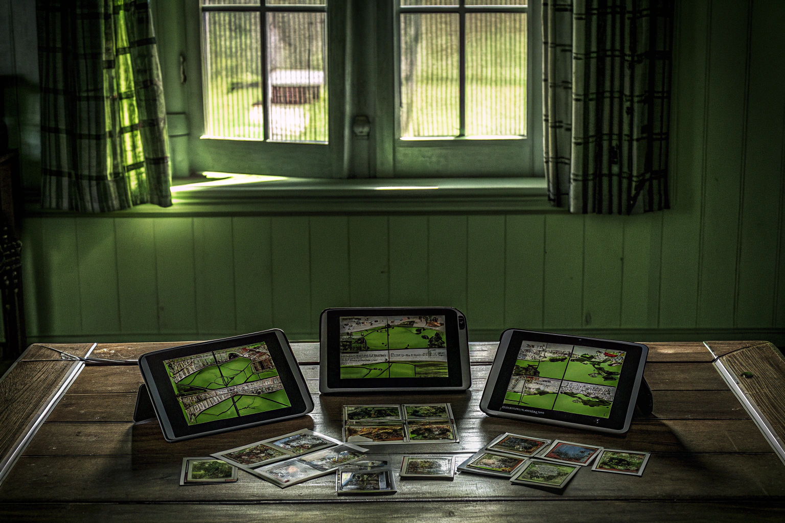 Eine Gruppe von Schülern, die ein digitales Geschichtsspiel auf Tablets spielen. Schüler spielen digitales Geschichtsspiel