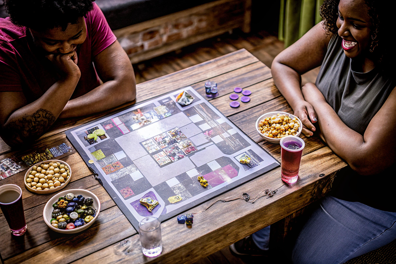 Eine Gruppe von Spielern, die gemeinsam ein Indie-Brettspiel spielen und dabei sichtlich Spaß haben. Indie-Brettspielrunde