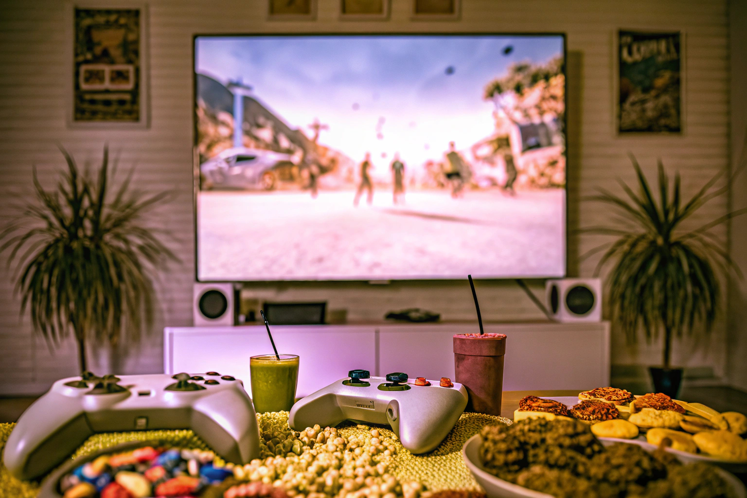 Eine Gruppe von Spielern, die gemeinsam ein Koop-Spiel auf der PS4 genießen und sich über ihre Erfolge freuen. Spielgruppe im Koop-Modus auf der PS4