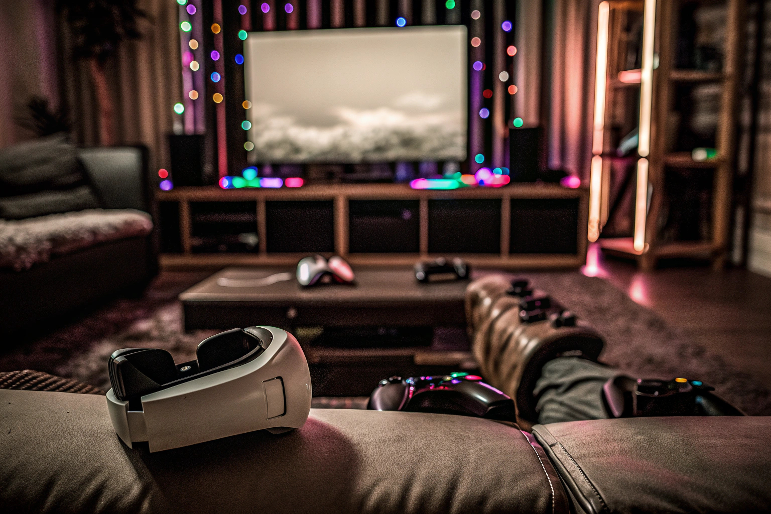 Eine Gruppe von Spielern, die mit VR-Headsets in einem Wohnzimmer spielen. Gruppe von Spielern mit VR-Headsets