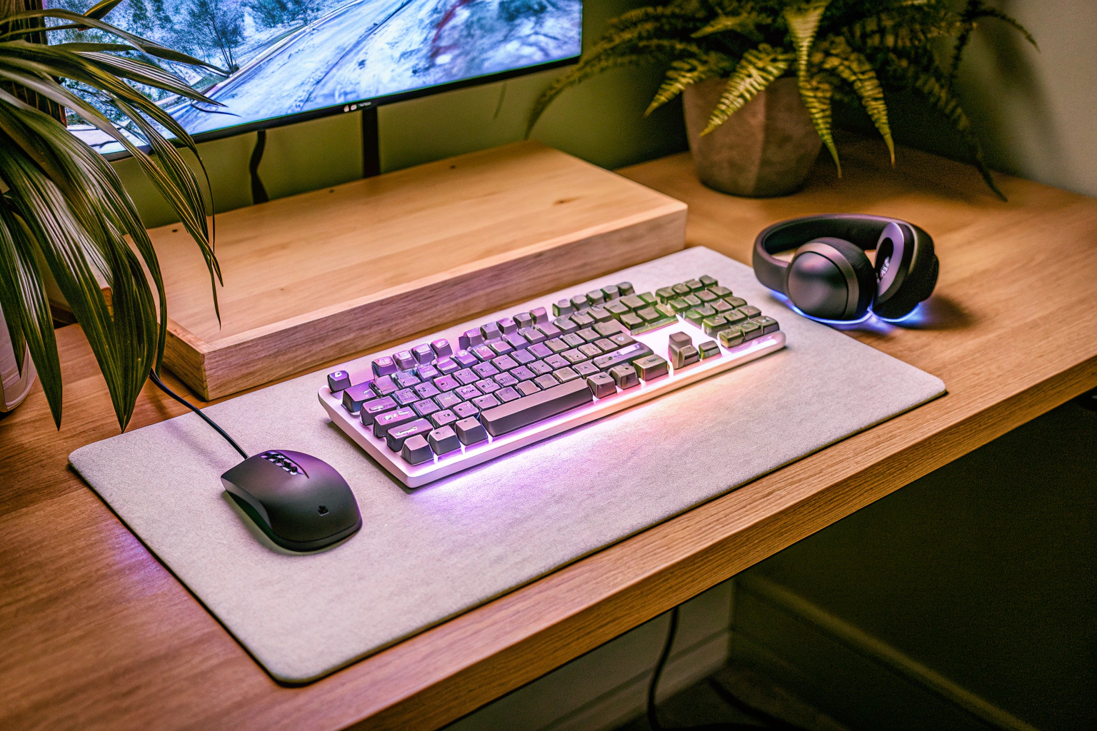 Eine gut organisierte Gaming-Station mit allen Peripheriegeräten an ihrem Platz. Organisierte Gaming-Station