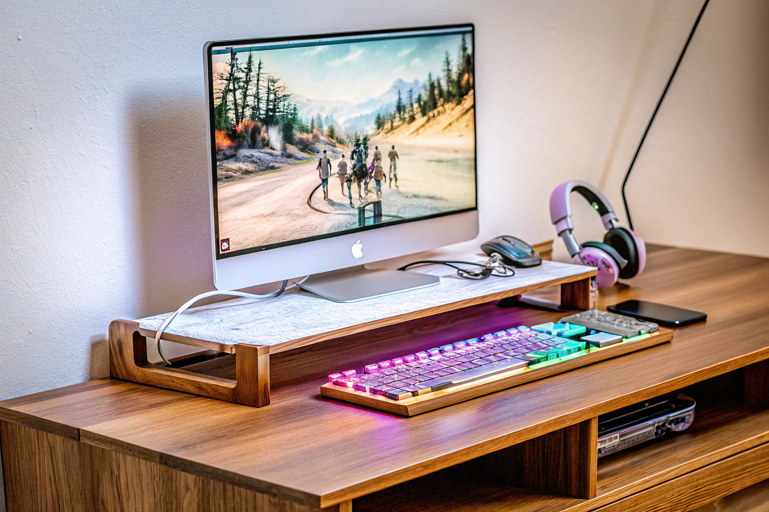 Eine gut organisierte Gaming-Station mit Kabelmanagement und Docking-Station Organisierte Gaming-Station