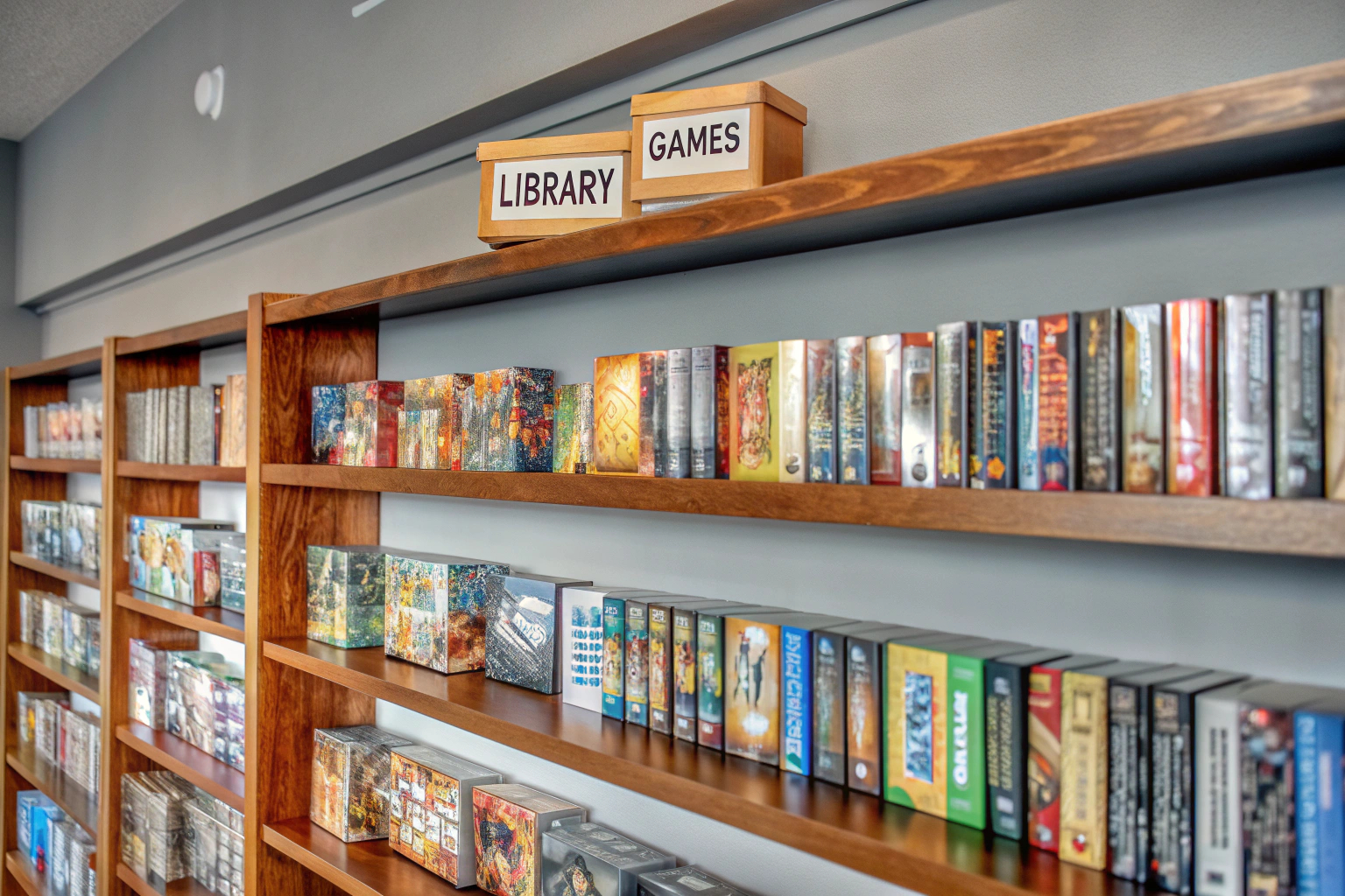 Eine gut organisierte Spielebibliothek mit alphabetisch sortierten Spielen Organisierte Spielebibliothek