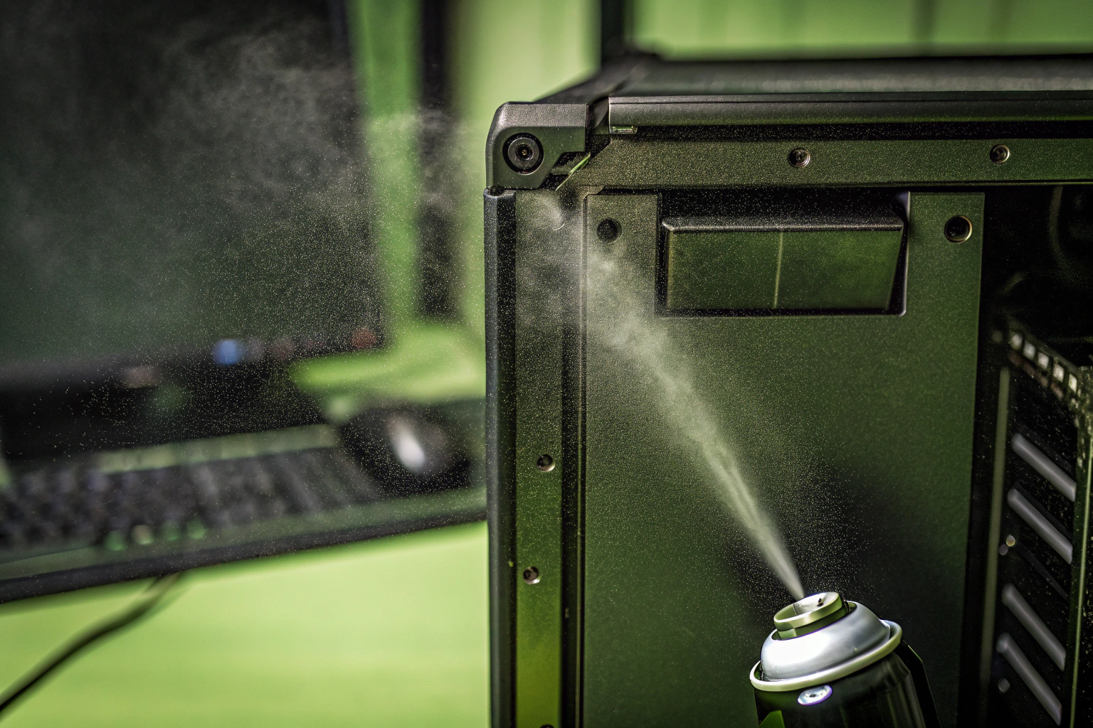 Eine Hand, die einen PC mit Druckluftspray reinigt PC-Reinigung mit Druckluftspray