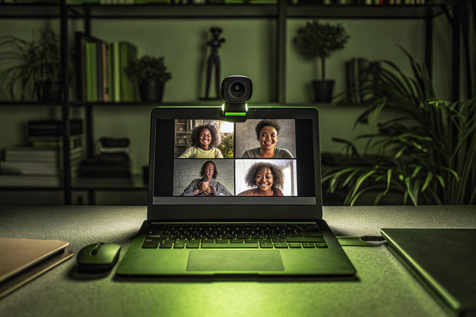 Eine hochauflösende Webcam auf einem Laptop während eines Online-Meetings mit Freunden oder Kollegen. Hochauflösende Webcam im Einsatz