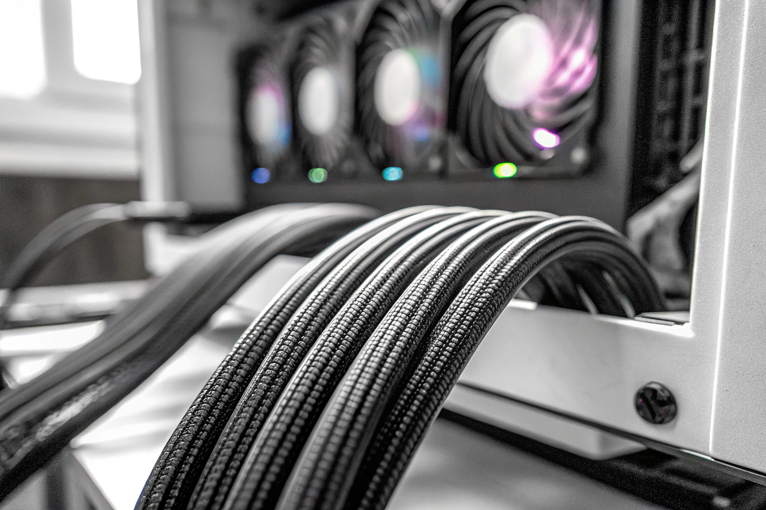 Eine Kabelverlängerung mit Combs für ein sauberes Kabelmanagement in einem Gaming-PC. Kabelverlängerung mit Combs