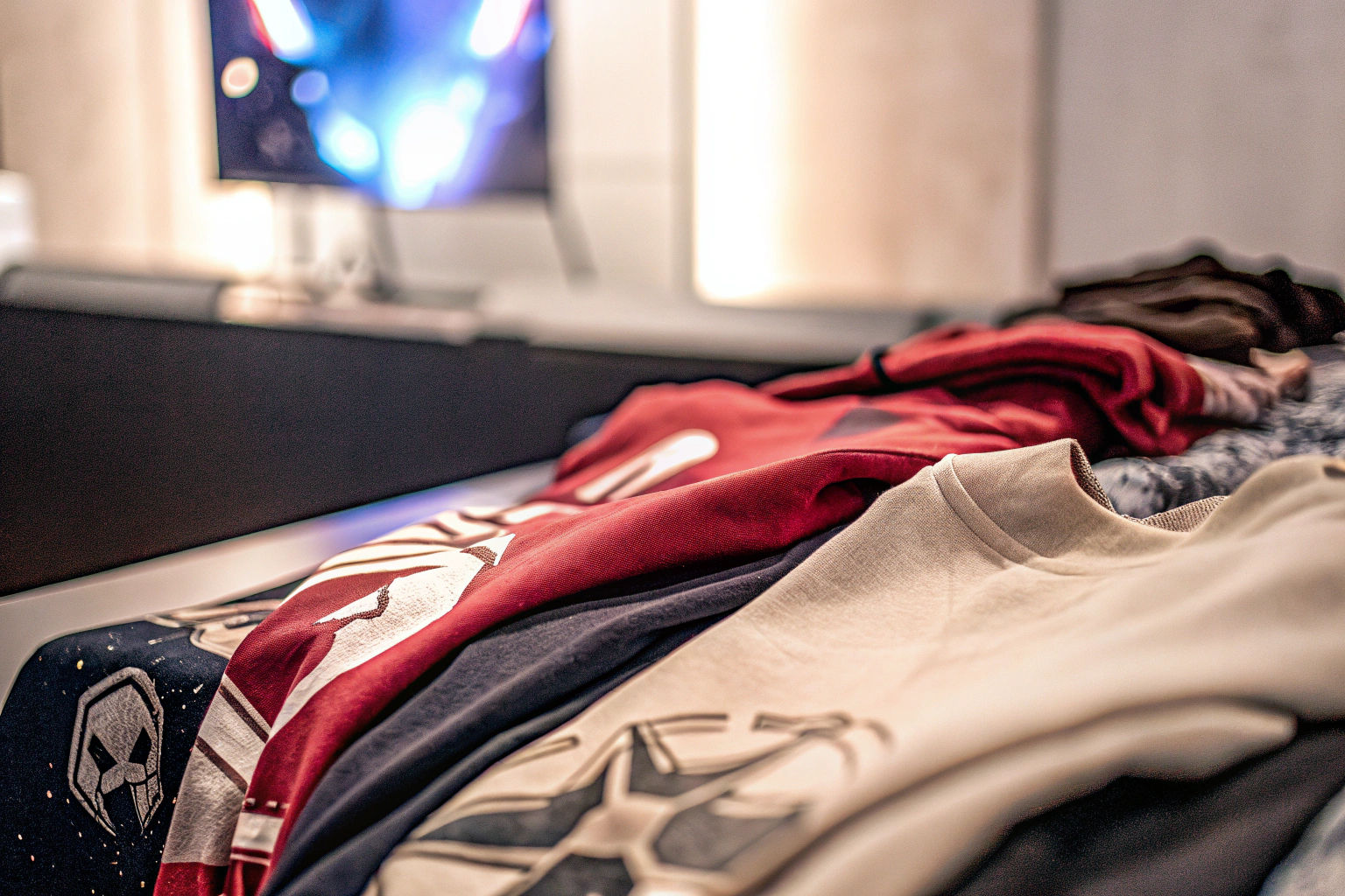 Eine Kollektion von E-Sport-Merchandise-Artikeln, darunter T-Shirts und Hoodies. E-Sport-Merchandise-Kollektion