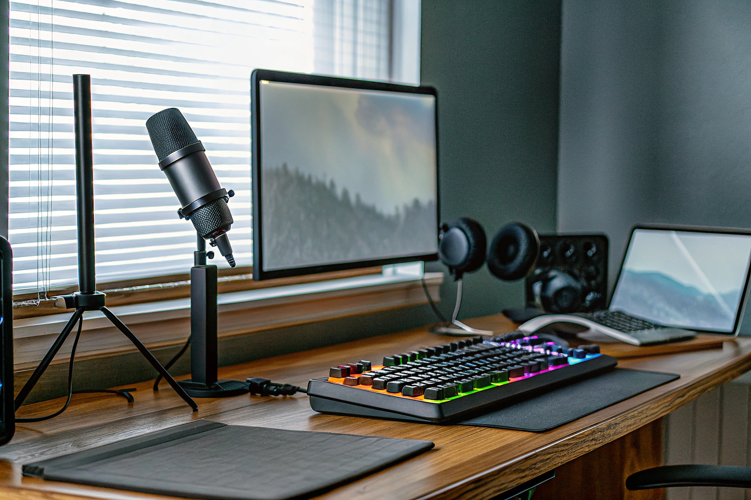 Eine kreative Streamer-Setup mit verschiedenen technischen Geräten auf einem Schreibtisch. Streamer-Setup
