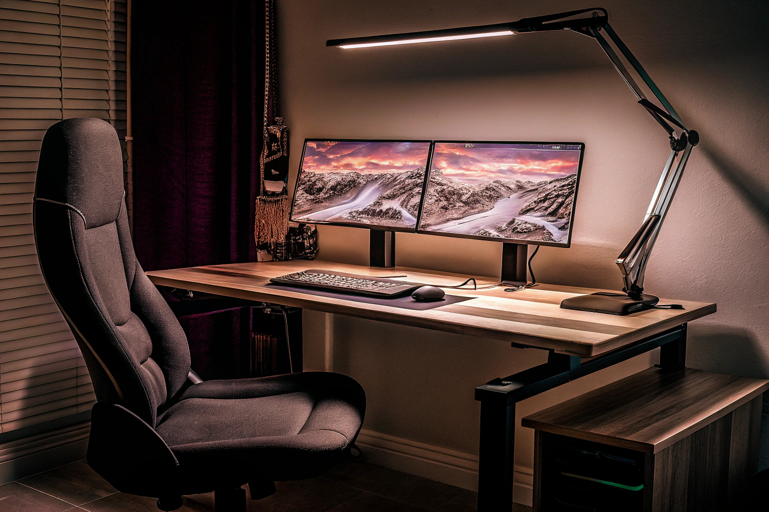Eine LED-Schreibtischlampe erhellt einen modernen Schreibtisch mit dualem Monitor-Setup. LED-Schreibtischlampe