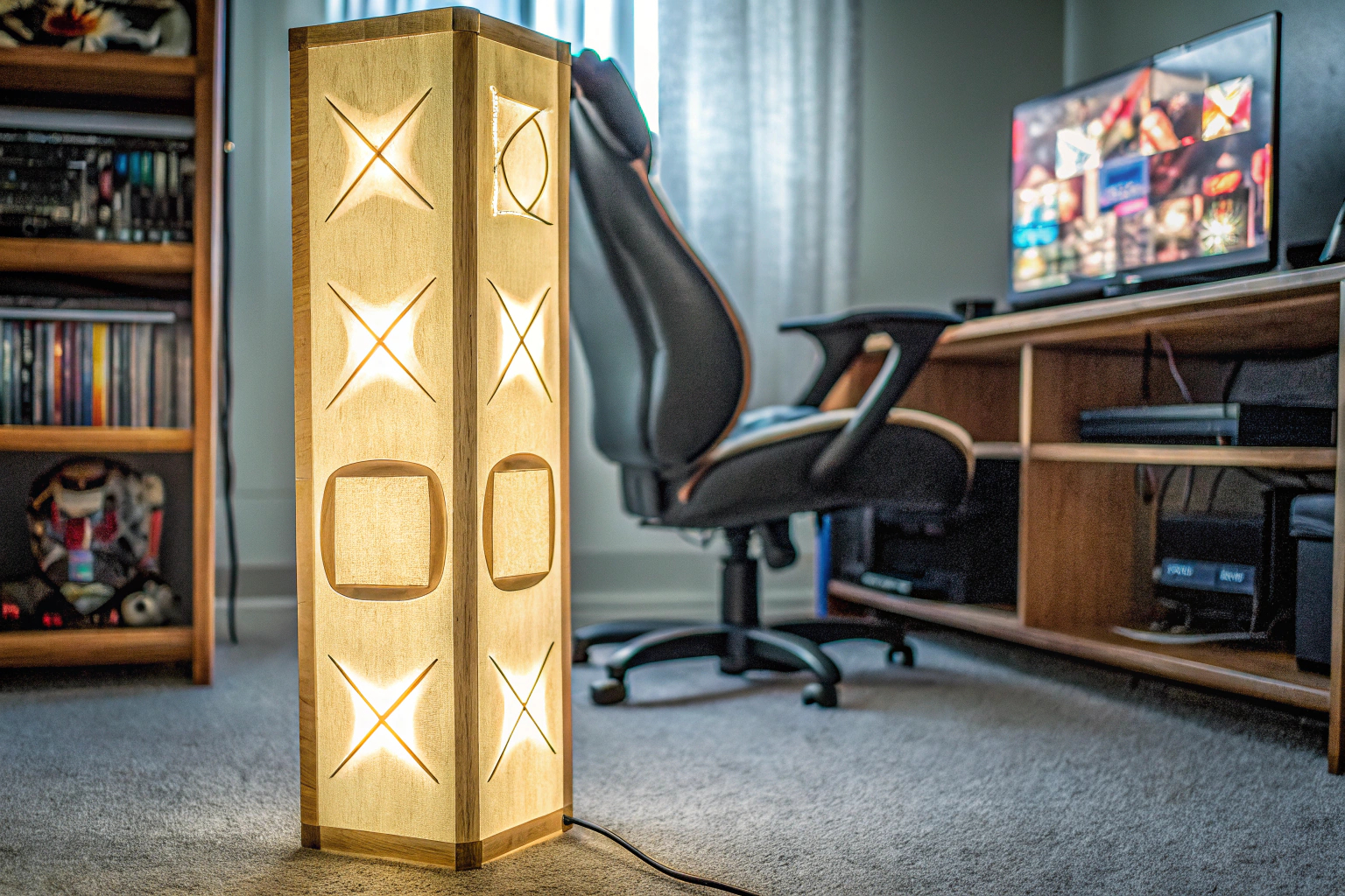 Eine Leuchte mit PlayStation-Symbolen, die als dekoratives Element im Gaming-Zimmer dient. PlayStation Icons Leuchte im Gaming-Zimmer