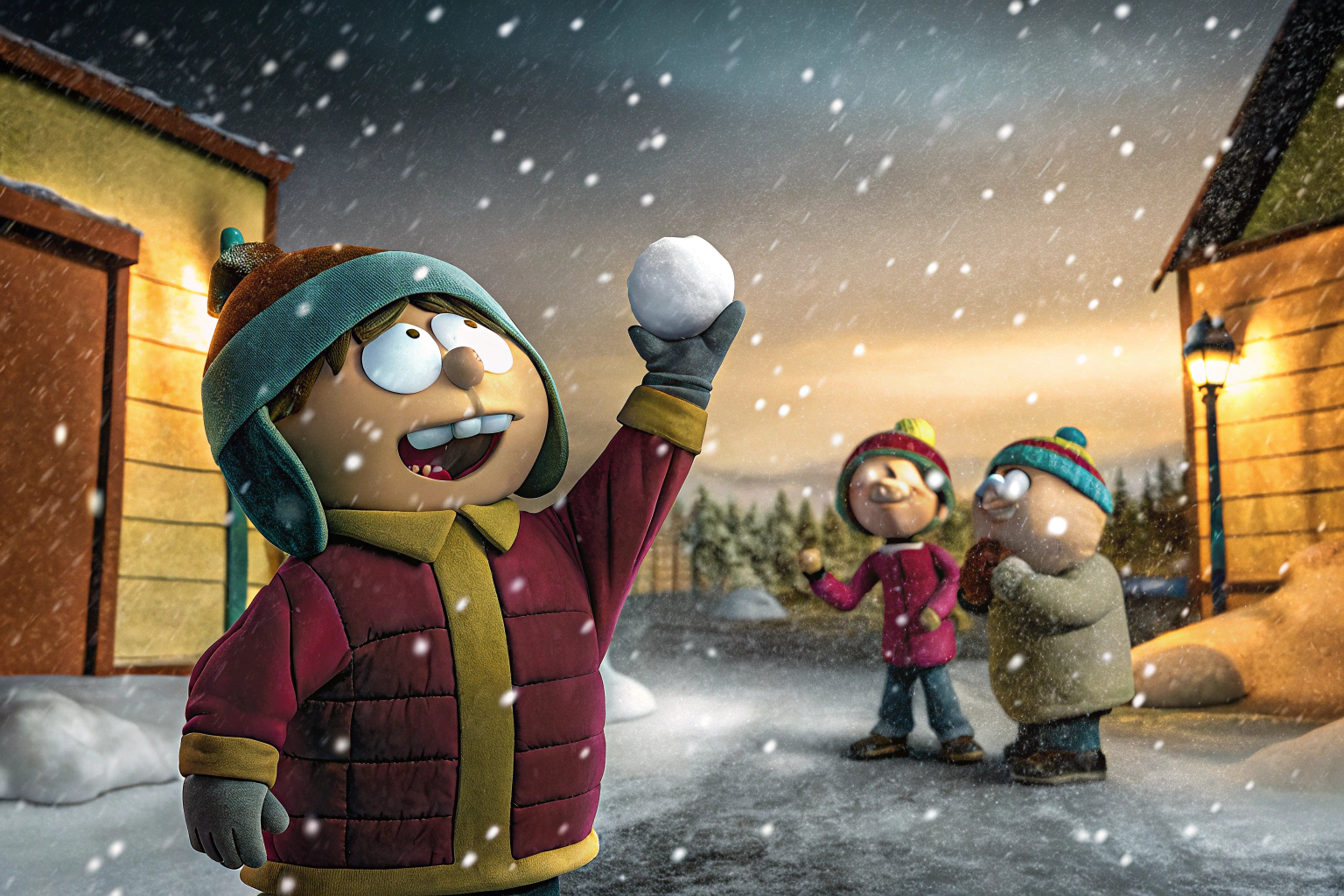 Eine lustige Szene aus South Park - Snow Day! mit Cartman und seinen Freunden im Schnee. South Park - Snow Day! Gameplay