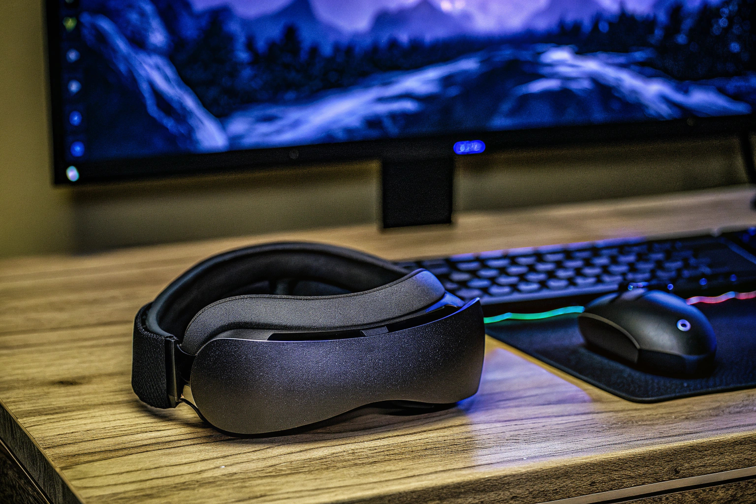 Eine Meta Quest 3 VR-Brille auf einem Schreibtisch mit Gaming-Zubehör. Meta Quest 3 mit Zubehör
