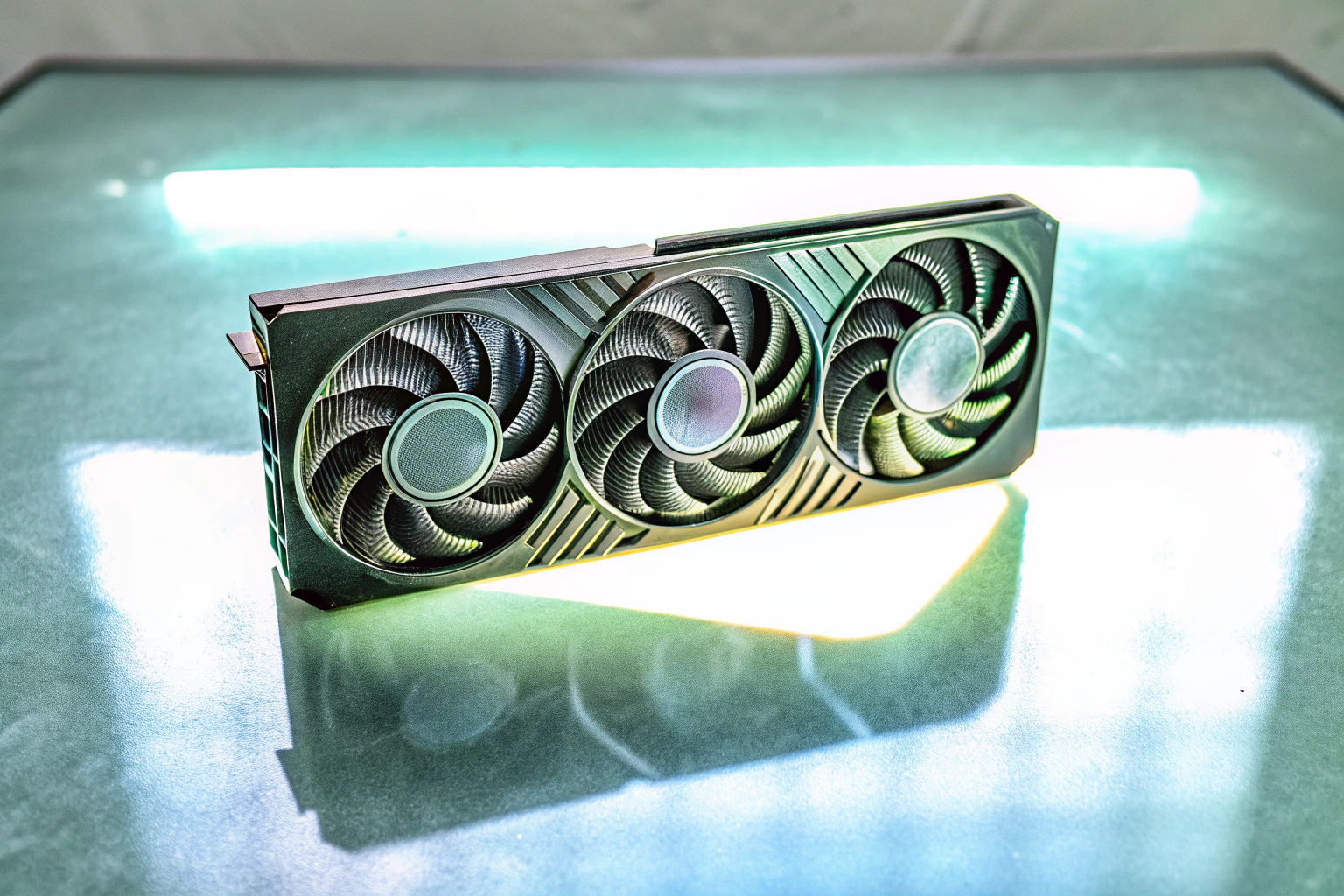 Eine moderne High-End-Grafikkarte mit RGB-Beleuchtung und fortschrittlichem Kühlsystem. High-End-Grafikkarte mit RGB und Kühlsystem